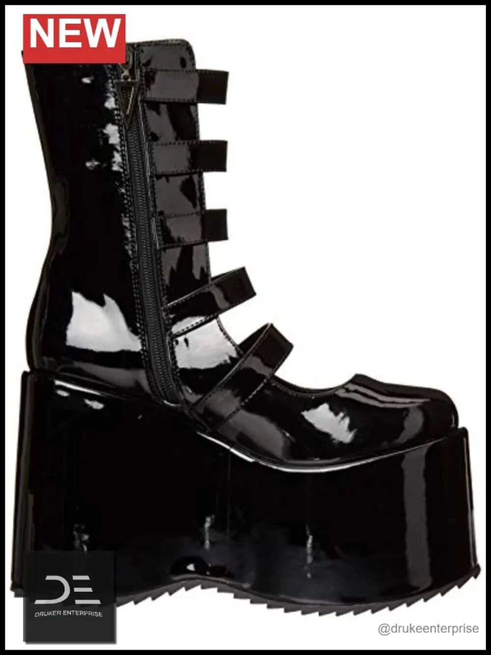 Platform Shoe with Decorative Buckles and Side Zipper